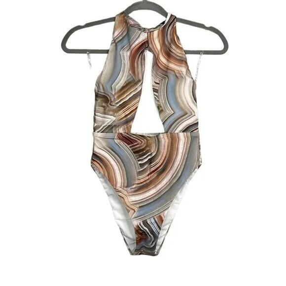 NWT Helen Owen Byblos Cutout Halter Cheeky High Cut One Piece Swim M Sandstone - Picture 12 of 15